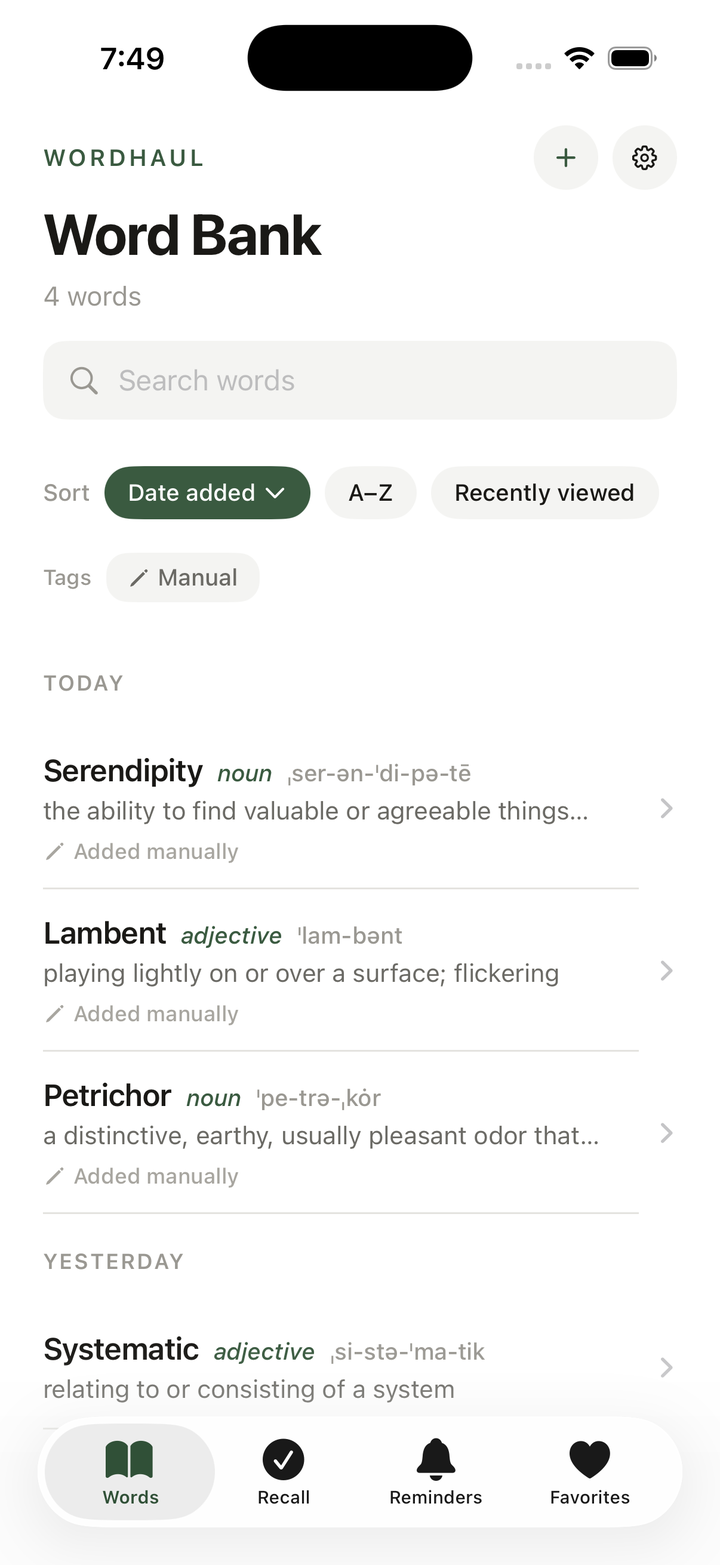 The WordHaul Word Bank: a calm list showing Serendipity, Lambent, Petrichor and Systematic with definitions and sources.